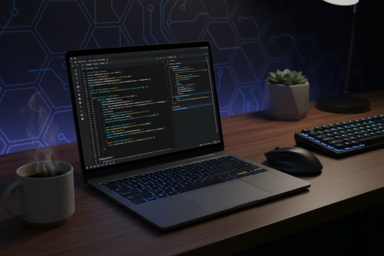A laptop displaying code sits on a wooden desk next to a steaming mug, a computer mouse, and a small potted succulent.